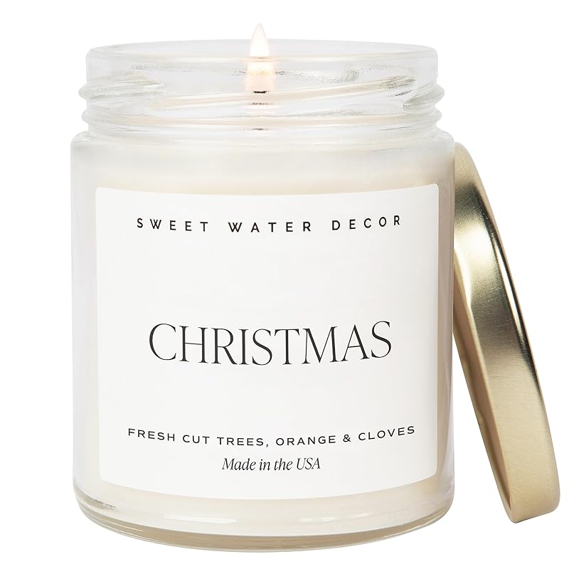 Sweet Water Decor Christmas Soy Candle | Apple Cider, Cinnamon, Fresh Cut Christmas Tree Scented Candles for Home | 9oz Clear Jar   Gold Lid, 40  Hour Burn Time, Made in the USA