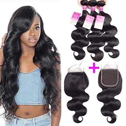 Mei You Brazilian Body Wave Bundles With Closure 8A Virgin Remy Body Wave Human Hair Weave Bundles With Lace Closure Free Part (20 22 24 18)