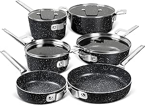 Stackable Pots and Pans Set 10 Piece, Nonstick Cookware Set with Stackable Design Saves 55% More Space, Non-Toxic Stackable Cookware Set with Nonstick Stone Coatings, Space Saving Cookware Set - Black