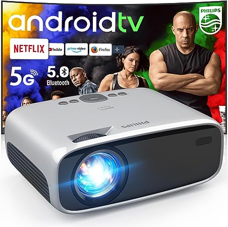 PHILIPS Android TV Projector with Apps and 5G WiFi Bluetooth - Smart Projector Built-in Netflix, YouTube, Outdoor Movie Projector 4D 4P Keystone, Zoom, Compatible w/ iOS/Android/Xbox/PS4/TV Stick/HDMI