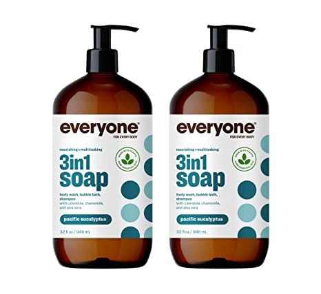 Everyone 3-in-1 Soap, Body Wash, Bubble Bath, Shampoo, 32 Ounce (Pack of 2),Pacific Eucalyptus, Coconut Cleanser with Plant Extracts and Pure Essential Oils