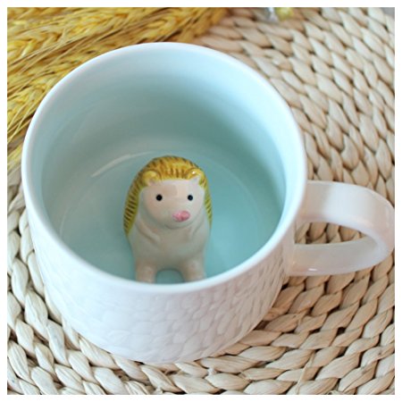 3D Cute Cartoon Miniature Animal Figurine Ceramics Coffee Cup - Baby Hedgehog Inside, Best Office Cup & Birthday Gift (Hedgehog)