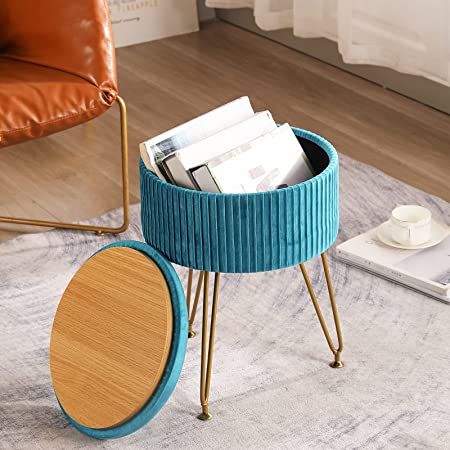 CUYOCA Round Storage Ottoman with Tray, Vanity Stool with Storage for Living Room Makeup Room, Coffee Table Foot Rest Stool for Vanity, Velvet Teal