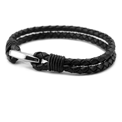 Three Keys Jewelry Mens Bangle Genuine Leather Braided Bracelet with Stainless Steel Clasp (Black or Dark Brown Option)