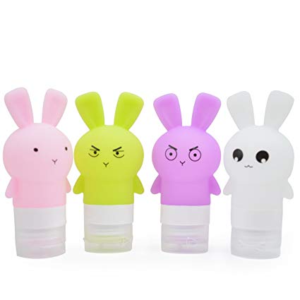 ANREONER Silicone Travel Bottles Set with Clear Bag, FDA Approved Kids Water Bottle, TSA Approved Squeezable Toiletries Containers for Shampoo Lotion Liquid, Cute Rabbit Travel Accessories 2.5OZ-4Pack