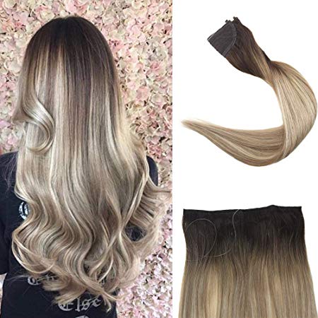 Full Shine 18 Inch Color 3 Dark Roots Fading to 8 and 22 Blonde Highlighted Extensions 10 Inch Width Halo Extensions Remy Human Hair No Glue Invisible Fish Line Hairpiece 80 Gram Per Set