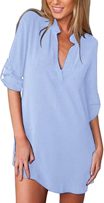 ZANZEA Women Casual V Neck 3/4 Cuffed Sleeve Chiffon Blouse Long Tunic Top Beach Cover Up Shirt