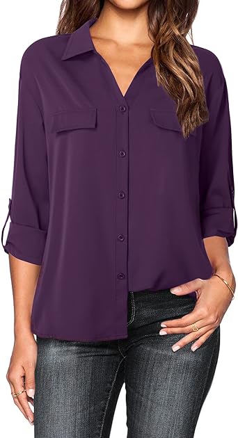 Lotusmile Women's Dressy Lapel Button Down Shirts for Work Office Business Casual Chiffon Blouse Tops