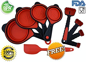 Collapsible SILICONE MEASURING CUPS AND SPOONS - 6 COLOR OPTIONS with FREE matching Spatula worth $4.99. Food Safe, Non-Toxic & BPA Free. BEST Quality BEST Value.