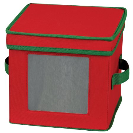 Household Essentials Holiday Dinnerware Storage Chest for Dessert Plates or Bowls Red with Green Trim