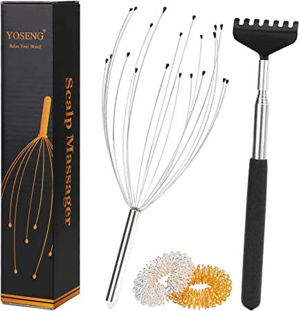 Yoseng Head Massager Scalp with Extendable Back Scratcher & Finger Massage Rings-Head Scratcher with 20 Fingers for Hair Growth-Deep Relaxation Tool for Stress Relief and Head Pressure