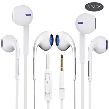 Earbuds, BYZ Wired Earphones in-Ear Headphones with Microphone Tangle Free Flat Cable for Running Workout Jogging White (3 Pack)