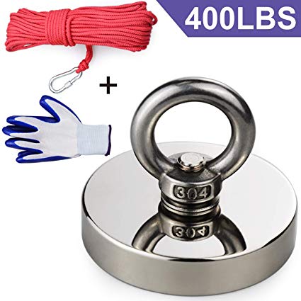 Super Strong Neodymium Fishing Magnet, 400 lbs(181KG) Pulling Force Rare Earth Magnets, Strong Retrieval Magnet N52 Neodymium Magnets with 20m (65 Foot) Durable Rope and Protective Gloves