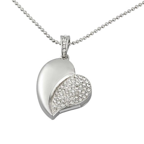 KOOTION Crystal Asymmetric Heart Shape Jewelry USB Flash Memorry Drive with Necklace-Silver (8G)