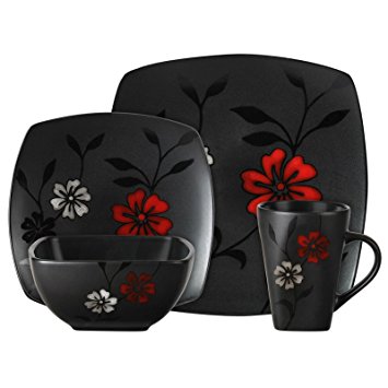 Gibson 16-Piece Dinnerware Set, Evening Blossom, Black