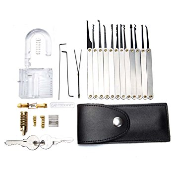 AONAN Practice Lock Set, Crystal Transparent Professional Visible Cutaway Inside View Padlocks with 2 keys, 15 pcs Various Picks Crochet Hook, Wrenches, Leather Pouch for Locksmith Training