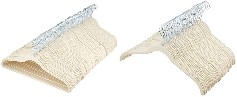 AmazonBasics Slim, Velvet, Non-Slip Clothes Suit Hangers, Ivory/Silver - Pack of 100 & Velvet Shirt Dress Clothes Hangers, 50-Pack, Ivory/Beige - AQ-W0003