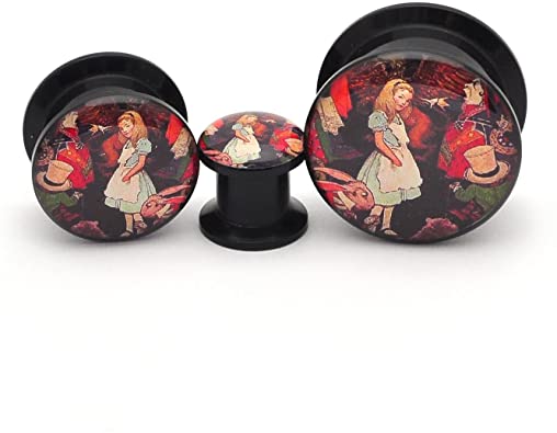 Mystic Metals Body Jewelry Black Acrylic Alice Style 1 Picture Plugs - Sold as a Pair