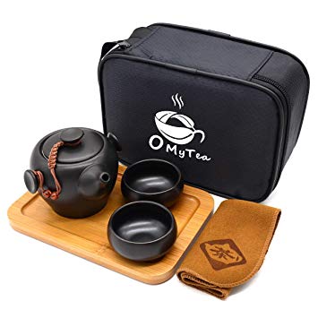 OMyTea Portable Travel Tea Set - 100% Handmade Chinese/Japanese Vintage Kungfu Gongfu Tea Set - Porcelain Teapot & Teacups & Bamboo Tea Tray & Tea Mat with a Portable Travel Bag (Black)
