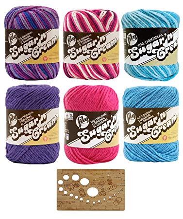 Variety Assortment Lily Sugar'n Cream Yarn 100 Percent Cotton Solids and Ombres (6-Pack) Medium Number 4 Worsted Bundle with Bamboo Knitting Gauge (Asst AO)
