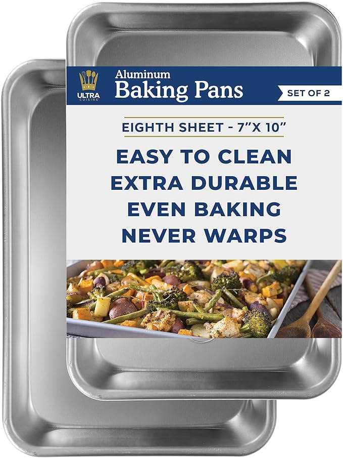Professional Eighth Sheet Baking Pans - Aluminum Cookie Sheet Set of 2 - Rimmed Baking Sheet Set for Baking and Roasting - Durable, Oven-safe, Non-toxic, Easy to Clean, Commercial Quality - 7x10-inch