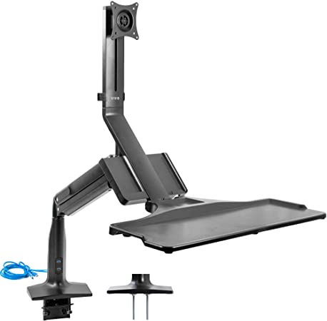 VIVO Black Premium Single Monitor Height Adjustable Workstation Standing Desk Mount Riser with Foldable Keyboard Tray and USB Ports | Holds Screens up to 32 inches (STAND-SIT1DD)