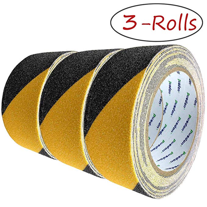 Anti Slip Grit Safety Tape, Black Yellow, 3 Pack, Each Roll 2Inch x 20Foot, Outdoor Warning Garden Floor Stairs Steps Non Skid Use