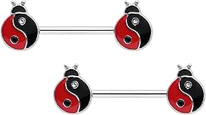 Body Candy 14G Womens Nipplerings Piercing 316L Surgical Steel 2Pc Ladybug Yin Yang Nipple Ring Set 9/16"