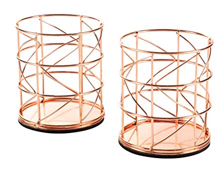 Rose Gold Pencil Holder - 2-Pack Metal Wire Makeup Brush Organizer for Home, School, Office Desk Supplies, 3.6 x 3.6 x 4.1 inches