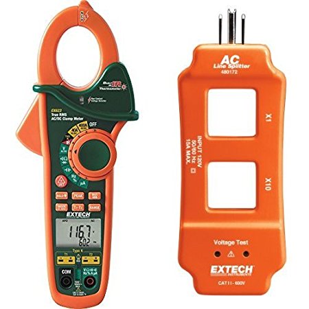 Extech EX623 400A True RMS AC/DC Clamp Meter with Dual Type K Temperature Input   InfraRed Thermometer   Non-Contact AC Voltage Detector with AC Line Splitter
