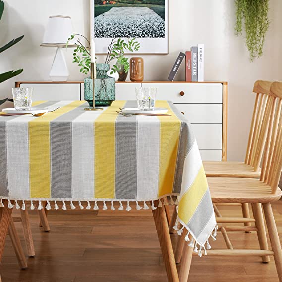 AmHoo Striped Tassel Square Tablecloth Cotton Linen Washable Table Covers for Kitchen Dining Room Party Table Decoration,54 x 54 inch,Yellow