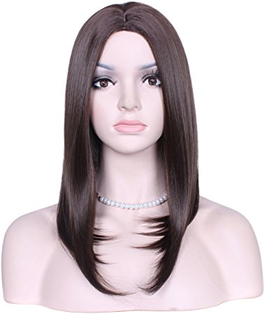Diforbeauty Women Centre Parting Medium Long Straight Heat Resistant Synthetic Hair Bob Wig for Daily Use Cosplay (Dark Brown)