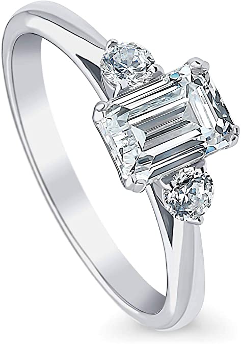 BERRICLE Rhodium Plated Sterling Silver 3-Stone Anniversary Promise Engagement Ring Made with Swarovski Zirconia Emerald Cut 1.22 CTW