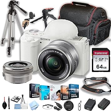 Sony ZV-E10 (White) Mirrorless Camera with 16-50mm Lens   64GB Memory   Case  Steady Grip Pod   Tripod  Software Pack   More (30pc Bundle)