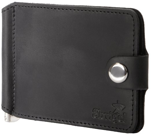 Shvigel Genuine Leather Minimalist Front Pocket Slim Wallet - Men's Compact Bifold ID Card Case - With Spring Money Clip and Cash Holder