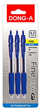 DONG-A Fine-Tech RT, Gel Ink Roller Ball Pens, 0.3mm, Retractable (3-Pack, Blue)