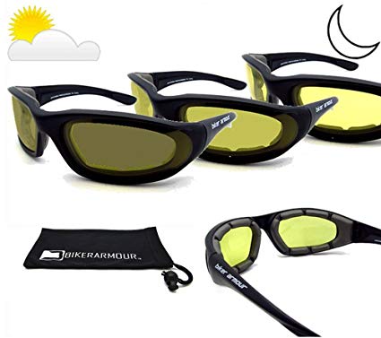 Photochromic lenses Light Adjusting Motorcycle Sunglasses Foam Padded for Men and Women. Free Microfiber Cleaning Case Included. Anaconda/TR/YE