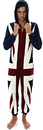Mens Full Length Fleece Hooded Union Jack All in One Onesie, XS-XL