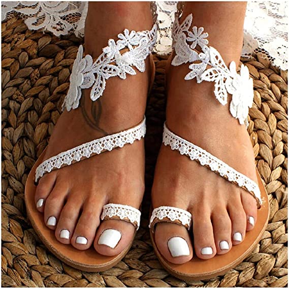 Sandals for Women Dressy Summer Boho Flower Lace Pearl Flat Sandals Open Toe Embroidered Flowers Casual Beach Sandals Comfy Roman Shoes with Ankle Strap Sandal for Beach Vacation