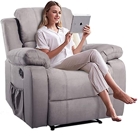 Massage Recliner Chair with Heating Function, Adjustable Reclining Backrest, Extended Leg Rest, Side Pocket and Remote Control, Grey PU Leather