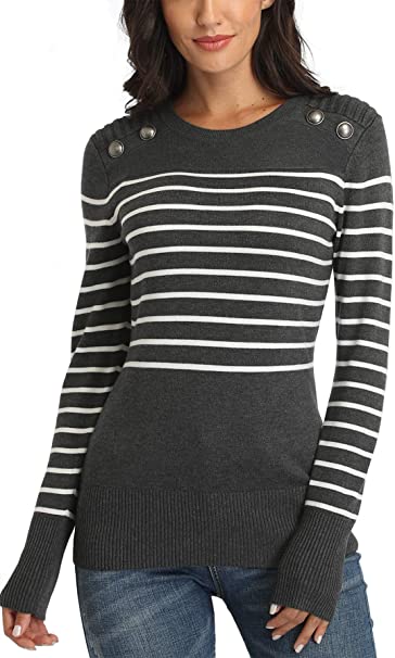 Dilgul Women's Casual Long Sleeve Striped Jumper Sweater Crew Neck Knitted Pullover Tops