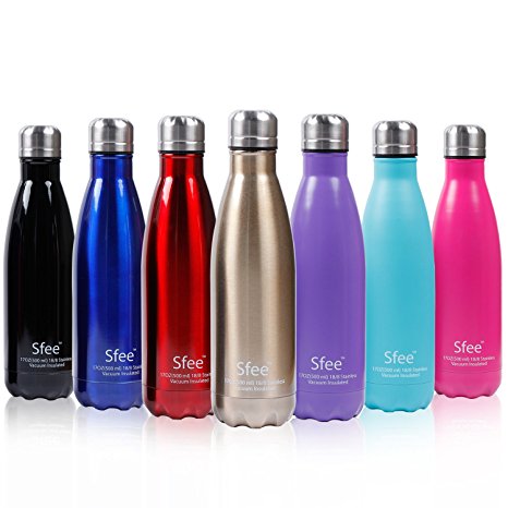 Sfee 17oz Double Wall Vacuum Insulated Stainless Steel Water Bottle&Cup- Perfect Metal,Keep Hot&Cool,Leak Proof,Camping,Tennis,Runner,Bike,Sports Water Bottles   Protective Carry Bag
