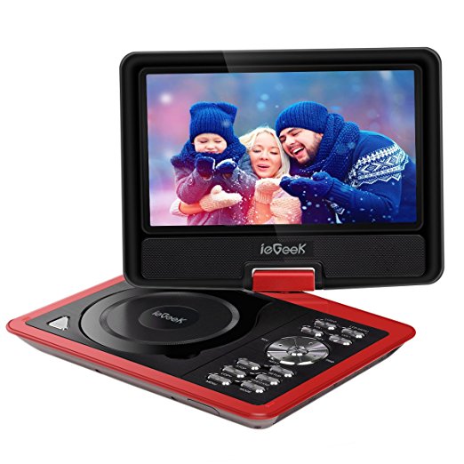 ieGeek 9.5'' Portable DVD Player with 5 Hour Rechargeable Battery, 360°LCD Eye Protection Swivel Screen, Supports 32GB SD Card and USB, with Remote Controller   Game Joystick  Car Charger （Red）