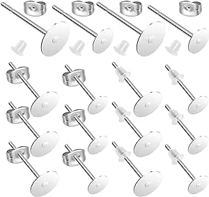 Yolev 450Pcs Earring Posts Stainless Steel Hypoallergenic,4mm/6mm Steel Flat Pad Earring Studs, Butterfly and Clear Rubber Earring Backs for Jewelry Making DIY (Steel Color)