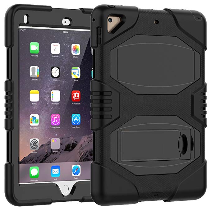 iPad 9.7 2018/2017 Case,Hybrid Rubber TPU Hard Heavy Duty Shockproof Armor Protection Rugged Protective Stand Case[ Model:A1893,A1954,A1822,A1823],Black