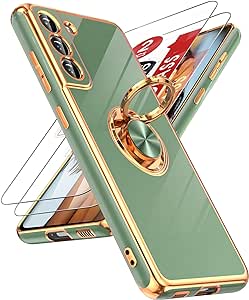 LeYi for Samsung Galaxy S21 FE 5G Case with Tempered Glass Screen Protector [2 Pack] 360° Rotatable Ring Holder Magnetic Kickstand, Plating Rose Gold Edge Protective Case, L-Green