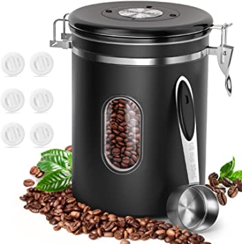 Coffee Food Canister with Scoop, HOKEKI Airtight Stainless Steel Food Jars Kitchen Container for Beans Grounds, Tea, Sugar Flour and Dry Goods Storage with Clear Window, 22oz (Black)