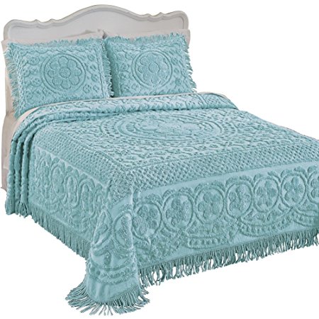 Calista Chenille Lightweight Bedspread with Fringe Border, Turquoise, Queen