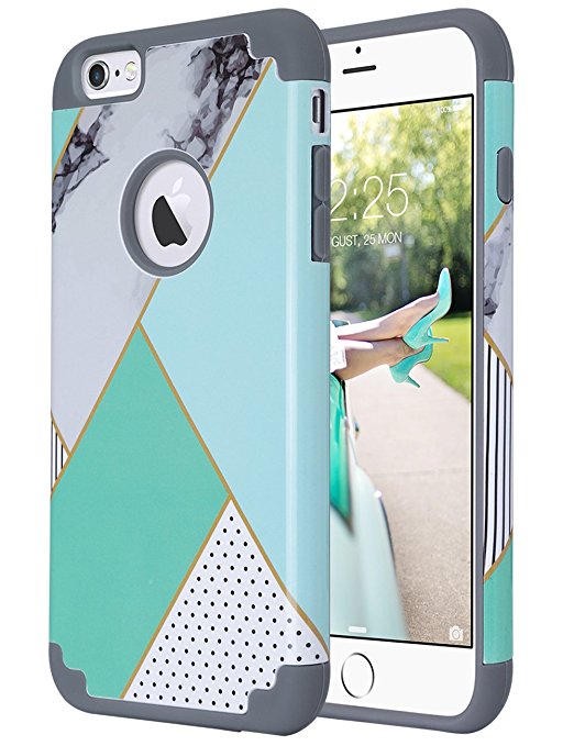 iPhone 6S Case,iPhone 6 Case, ULAK Slim Dual Layer Protective Case Fit for Apple iPhone 6 (2014) / 6S 4.7 inch (2015) Hybrid Hard Back Cover and Soft Silicone,Artistic-Mint Green Marble