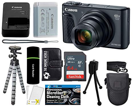 Canon PowerShot SX740 HS Digital Camera (Black) with 20MP, 4K HD Video, 40x Optical   40x Digital Zoom, Wi-Fi, Bluetooth and 3.0" Tilt LCD   64GB Card   Reader   Case   Tripod   Accessories Bundle